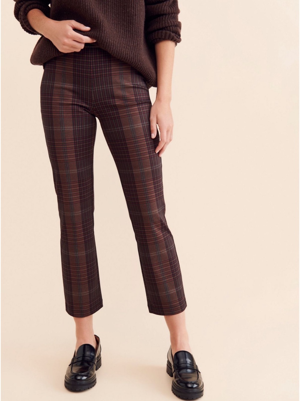 Cropped Plaid Slim Pants - Brown